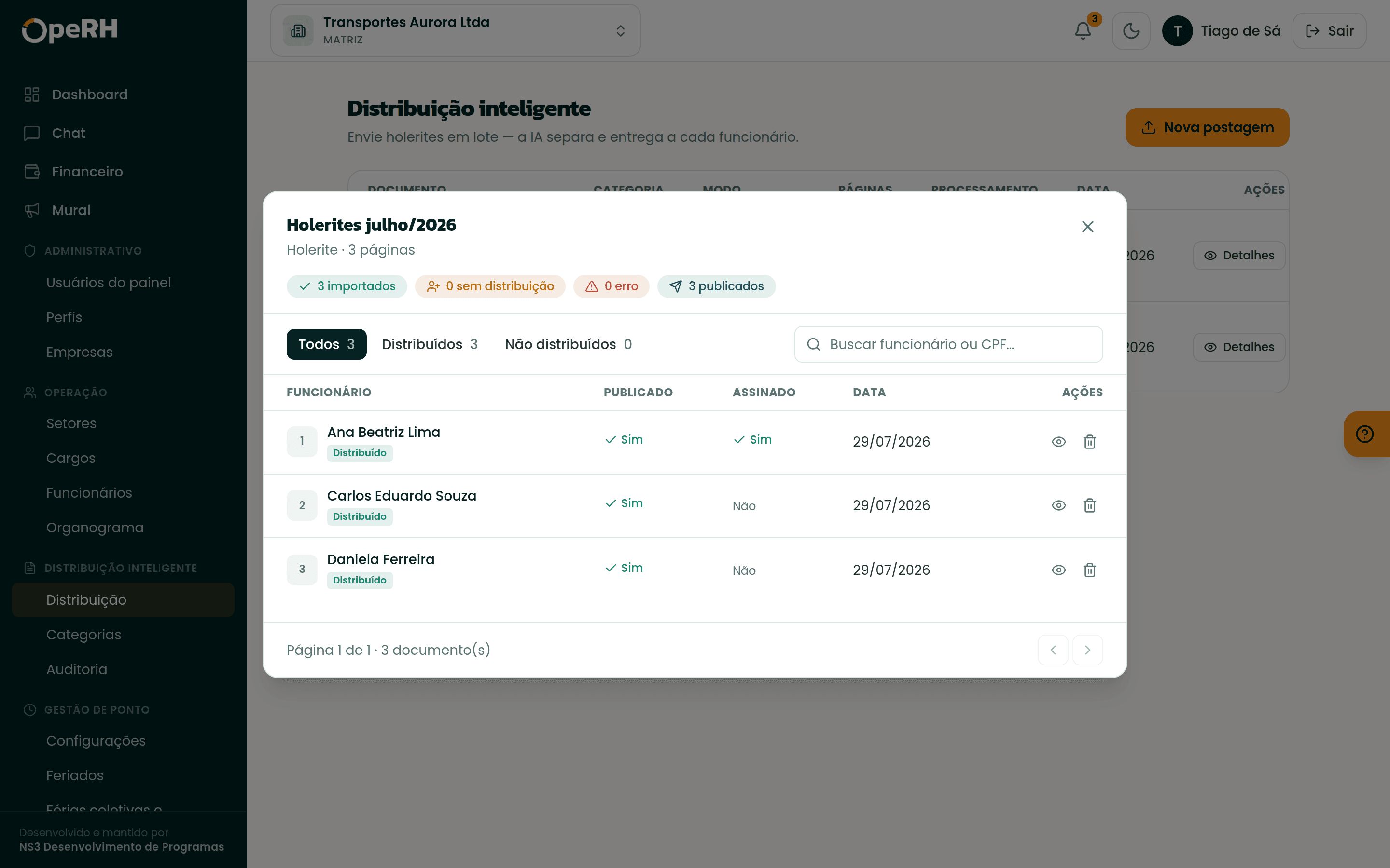Holerites publicados e assinaturas acompanhadas pelo RH